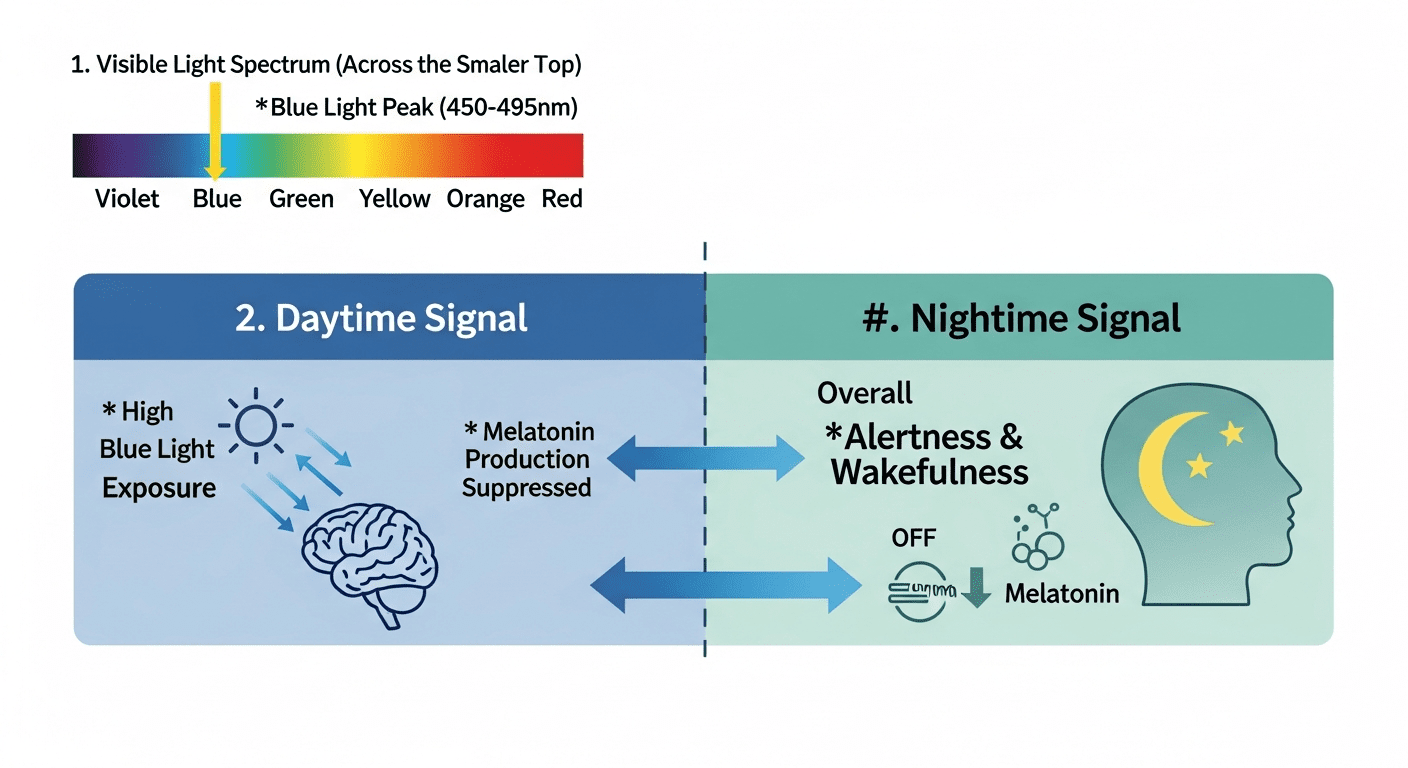 Simplified, colorful diagram showing the visible light spectrum (from blue to red) and highlighting how blue light peaks affect the brain's sleep/wake cycle (melatonin suppression). The visual should clearly contrast a 