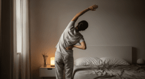 A person peacefully stretching in dim, warm, amber-colored light, wearing cozy pajamas, preparing for bed. The scene should evoke calm and a structured evening routine.