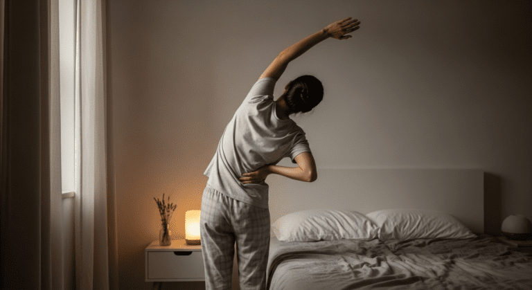 A person peacefully stretching in dim, warm, amber-colored light, wearing cozy pajamas, preparing for bed. The scene should evoke calm and a structured evening routine.