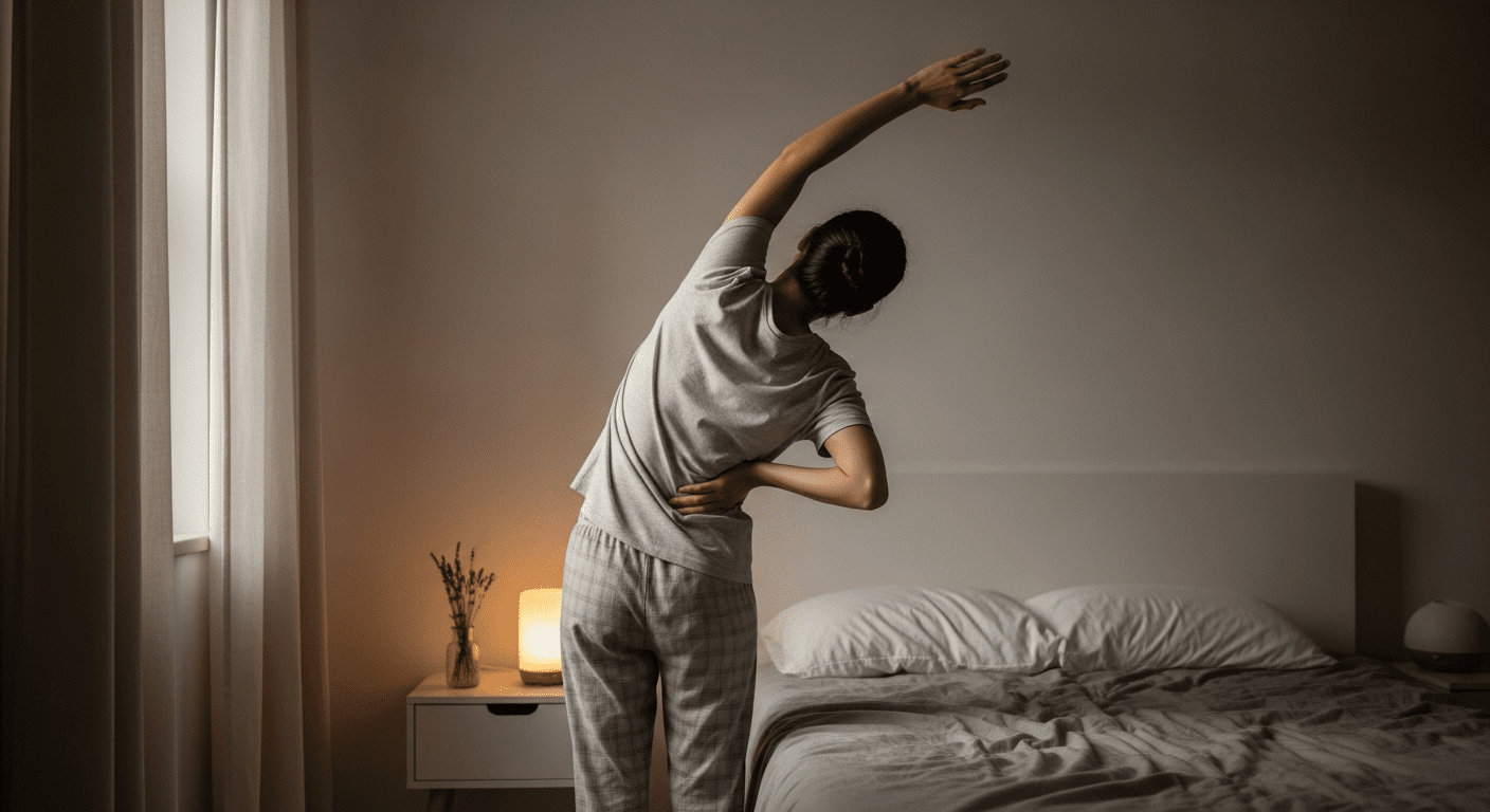A person peacefully stretching in dim, warm, amber-colored light, wearing cozy pajamas, preparing for bed. The scene should evoke calm and a structured evening routine.