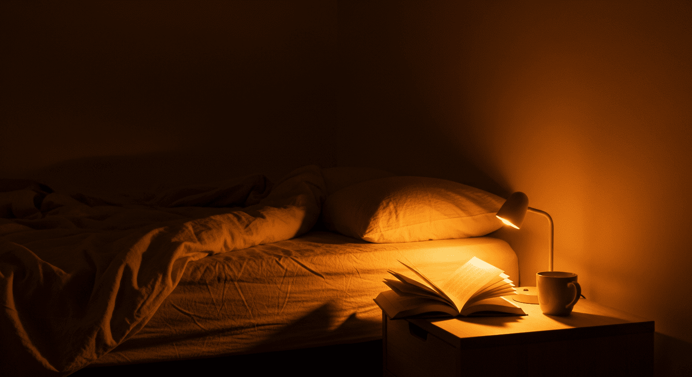 Cozy, minimalist bedroom scene bathed entirely in warm, low-intensity amber light (around 2200K). Focus on soft shadows and relaxation. A book is open on a nightstand next to a glowing amber reading lamp.