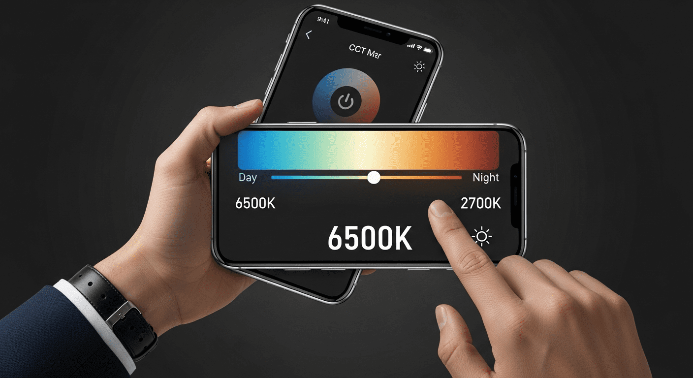 A hand adjusting a sophisticated, modern smart bulb via a minimalist phone interface, showing the CCT slider moving from blue (Day) to deep amber (Night). The phone screen should clearly display the Kelvin measurement decreasing.