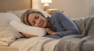 Sarah asleep on her side on a contoured memory-foam pillow