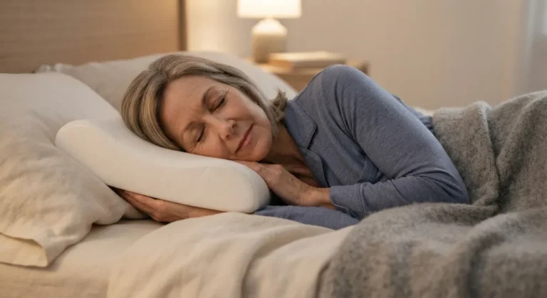 Sarah asleep on her side on a contoured memory-foam pillow