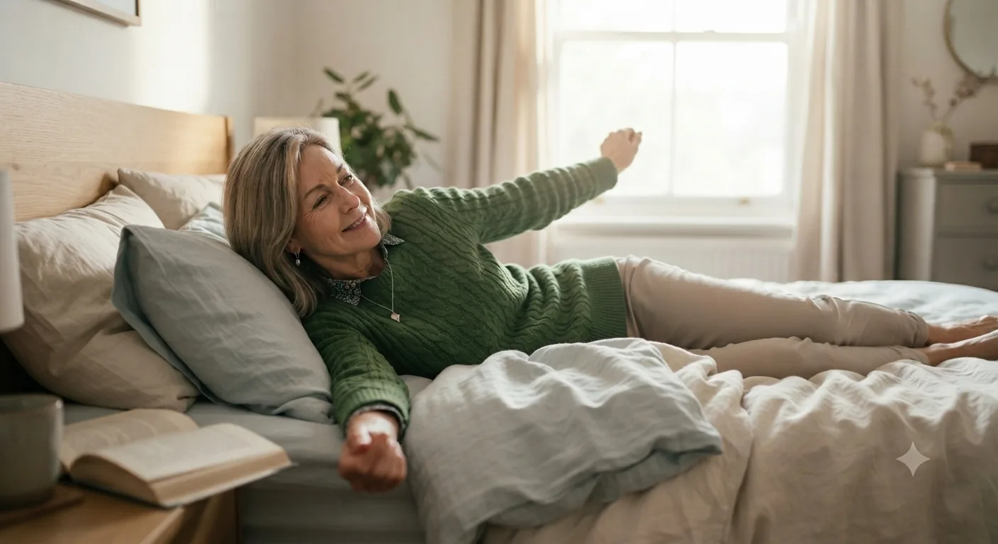 Sarah performs a gentle stretch to find the best position in bed for lower back pain