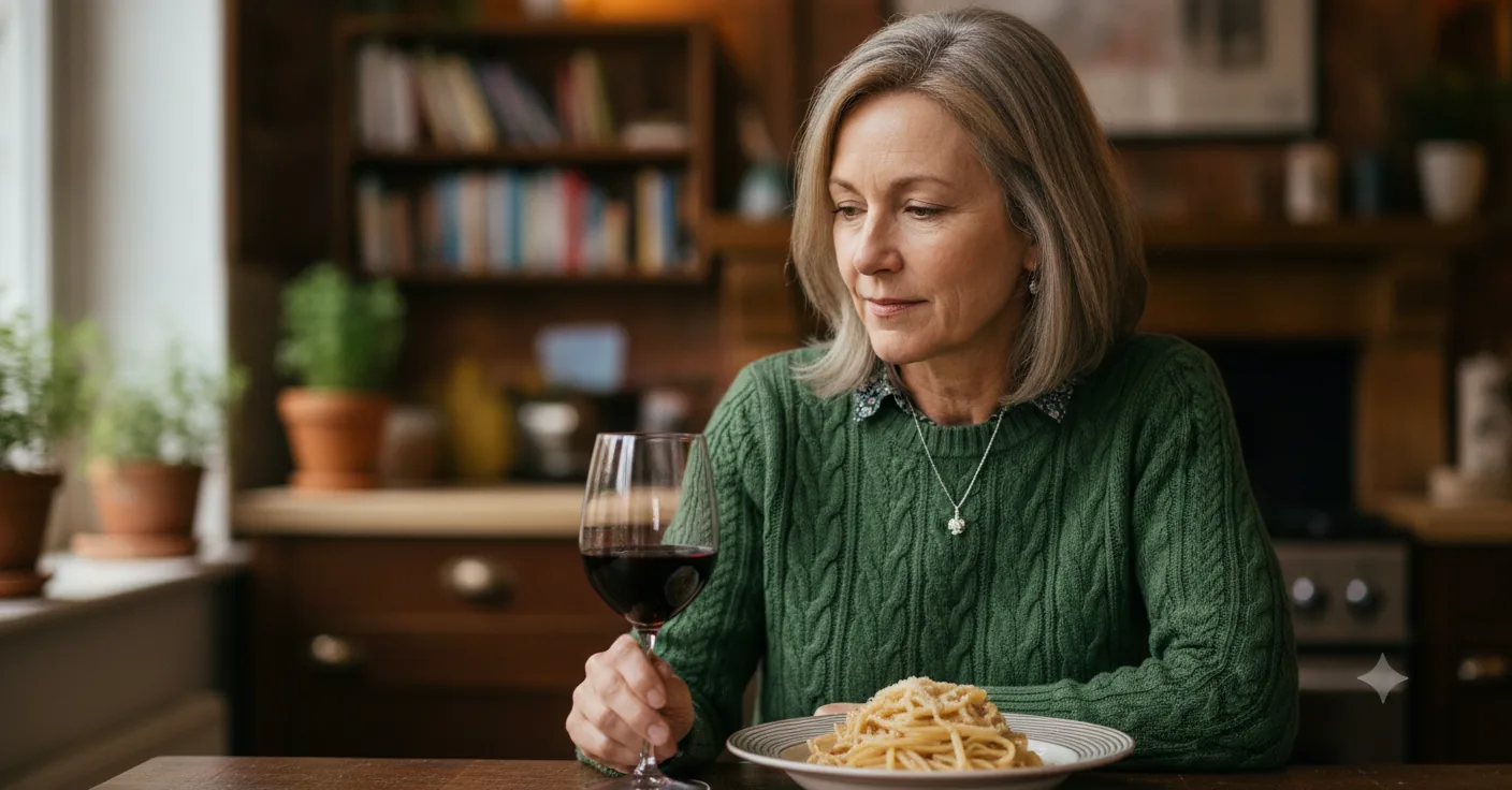 Sarah looks thoughtfully at a glass of wine and pasta in her kitchen