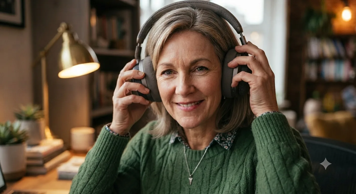 Sarah smiles while wearing headphones to listen to soothing brown noise