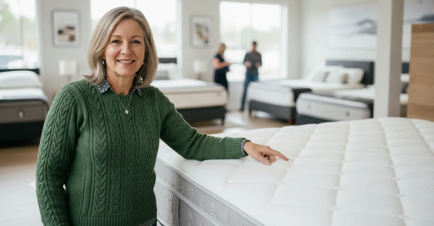 Sarah points to a new firm mattress in a bright showroom