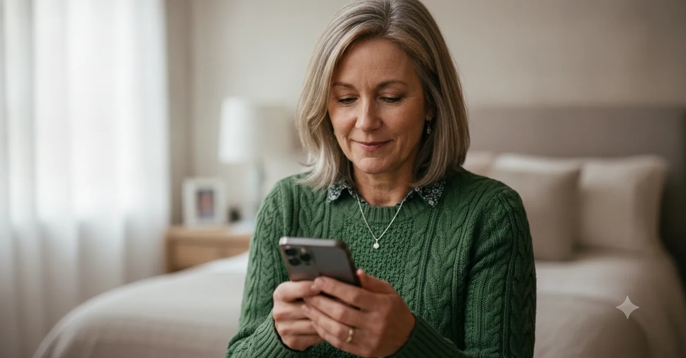 Sarah examines a photo of her spine on a smartphone