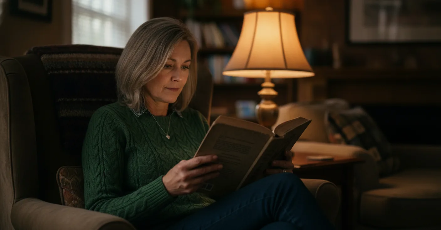 Sarah reads a physical book in a chair to relax when unable to sleep