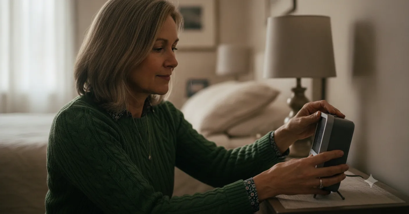 Sarah turns her alarm clock toward the wall to avoid clock watching