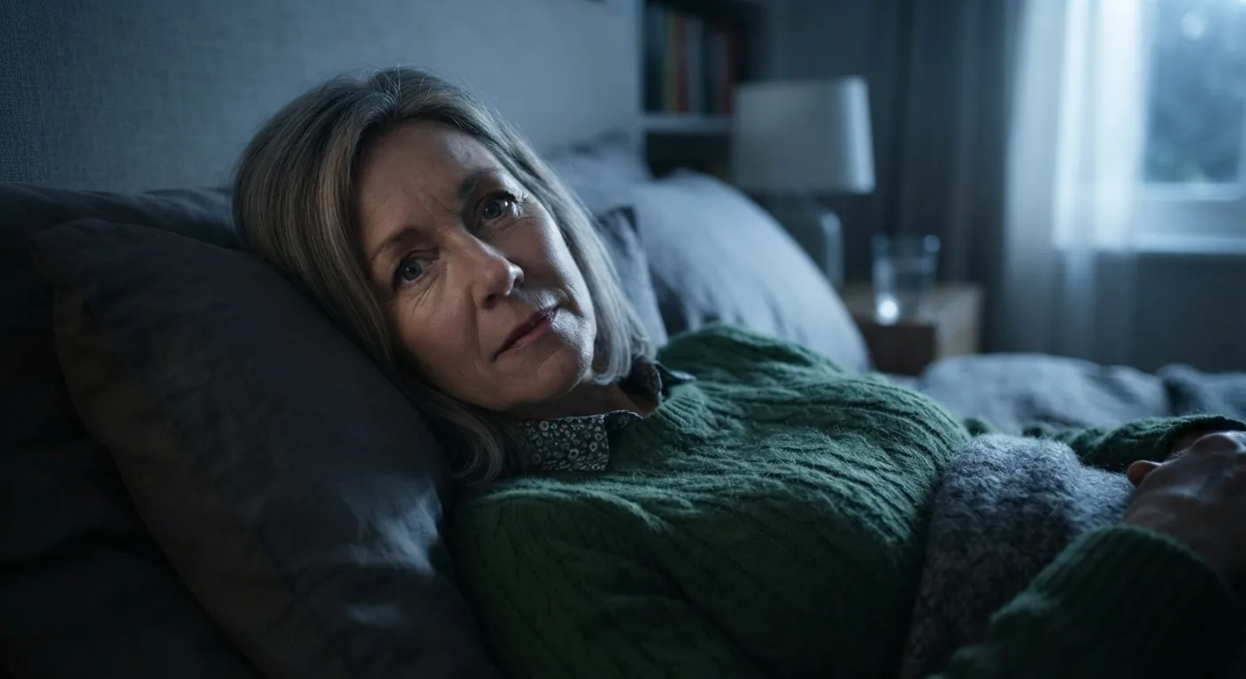 Sarah lies awake in bed struggling to quiet her racing mind at midnight