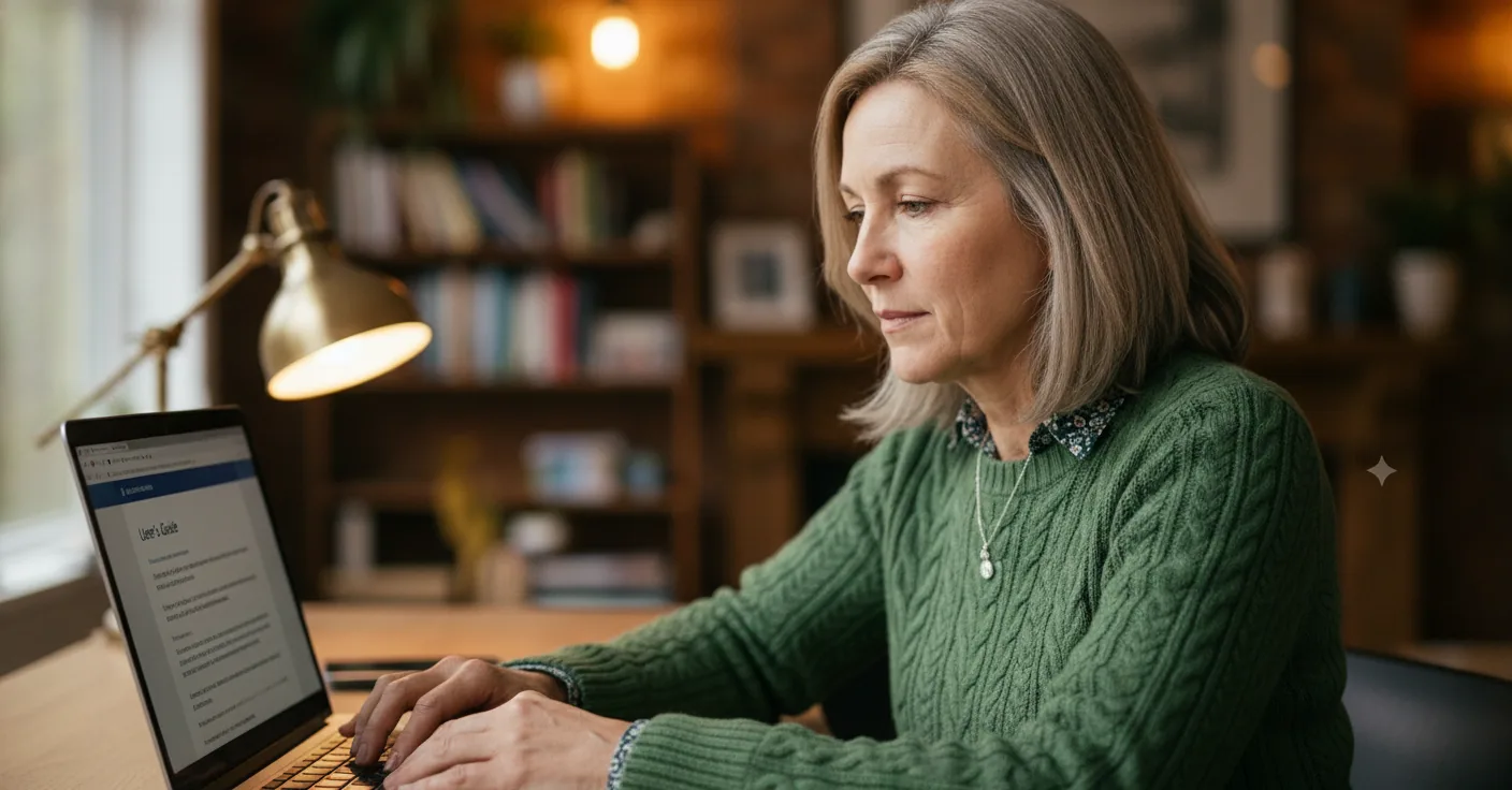 Sarah researches how to make a firm mattress softer on her laptop