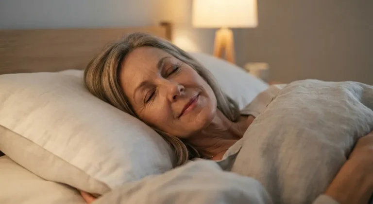 Sarah asleep, breathing calmly through her nose