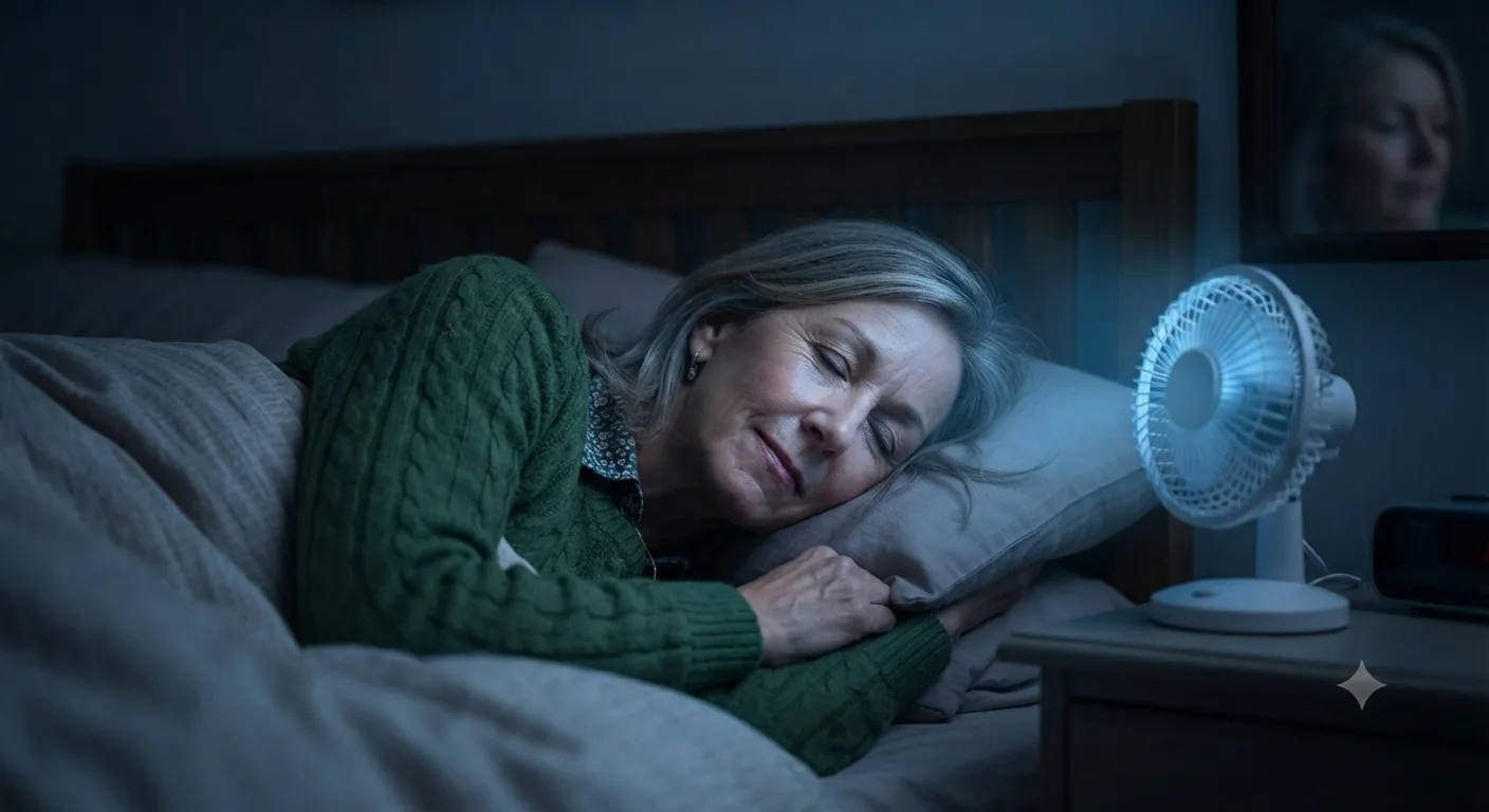 Sarah sleeps peacefully with a small fan providing background sound