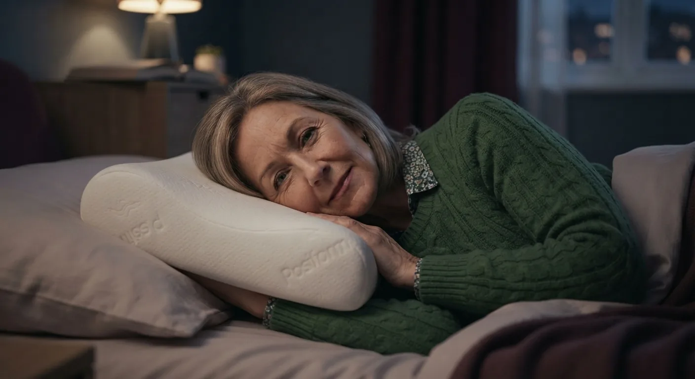 Sarah rests her head comfortably on a Posiform side-sleeping pillow