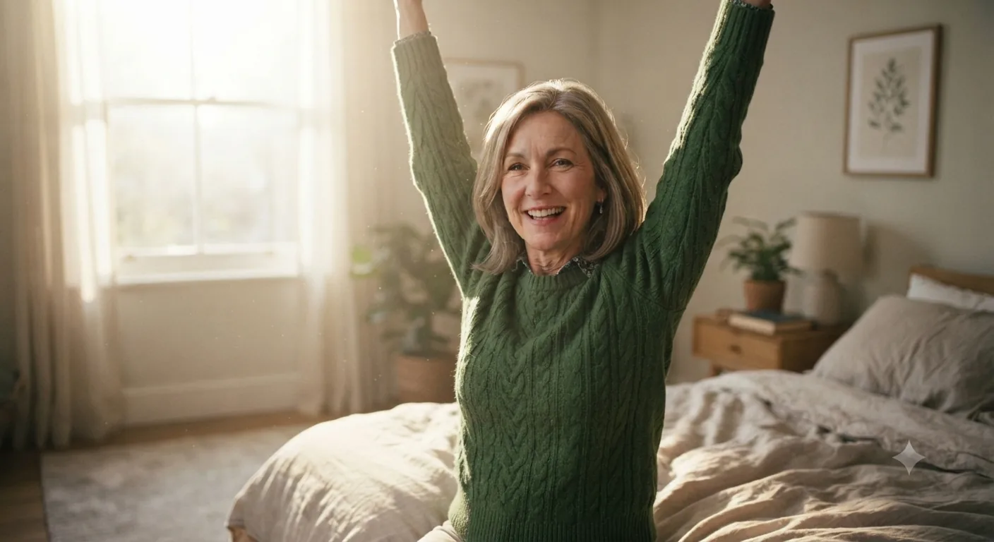 Sarah wakes up feeling energized and refreshed after a good night's sleep