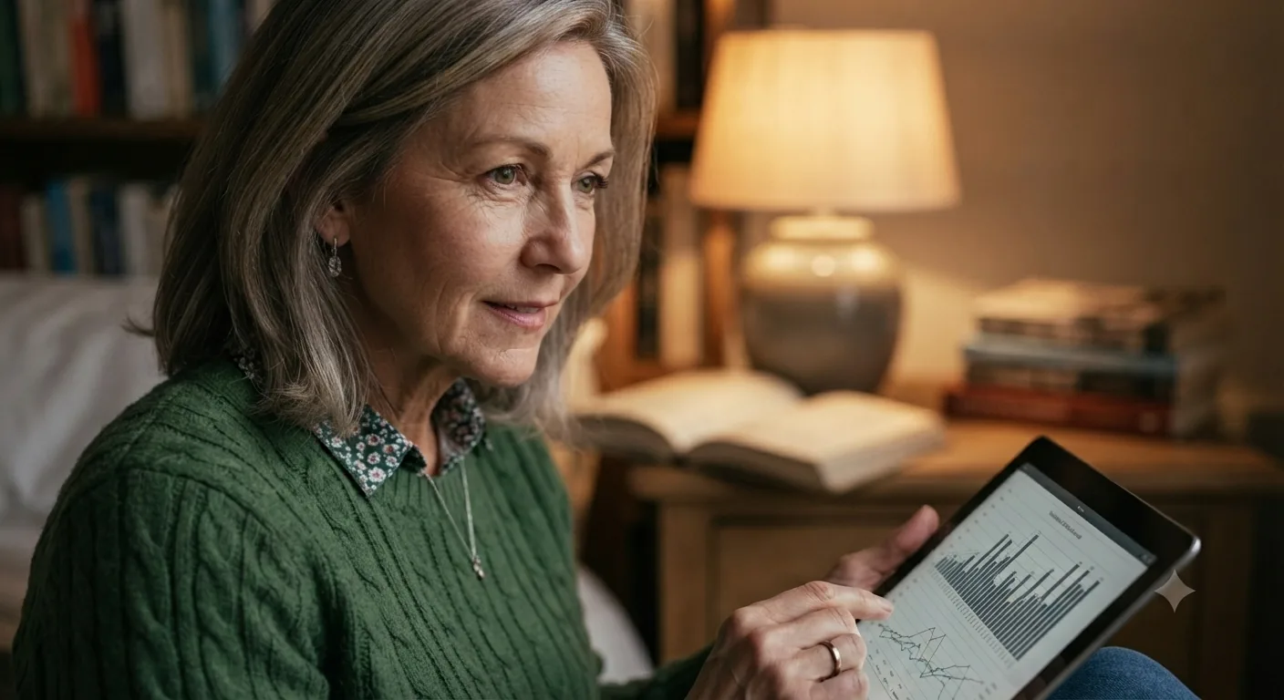 Sarah looks at research data on a tablet to find a better snoring pillow