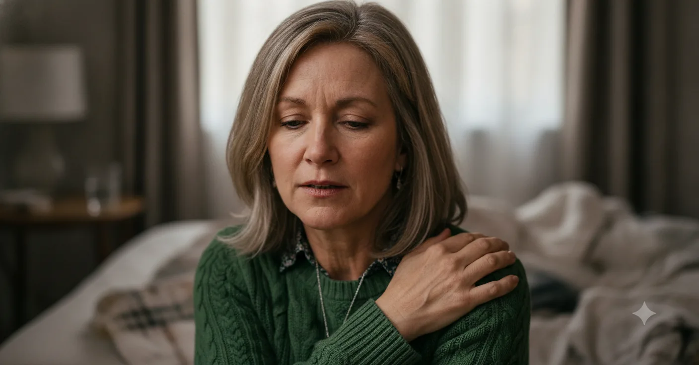 Sarah rubs her shoulder with a pained expression in her bedroom