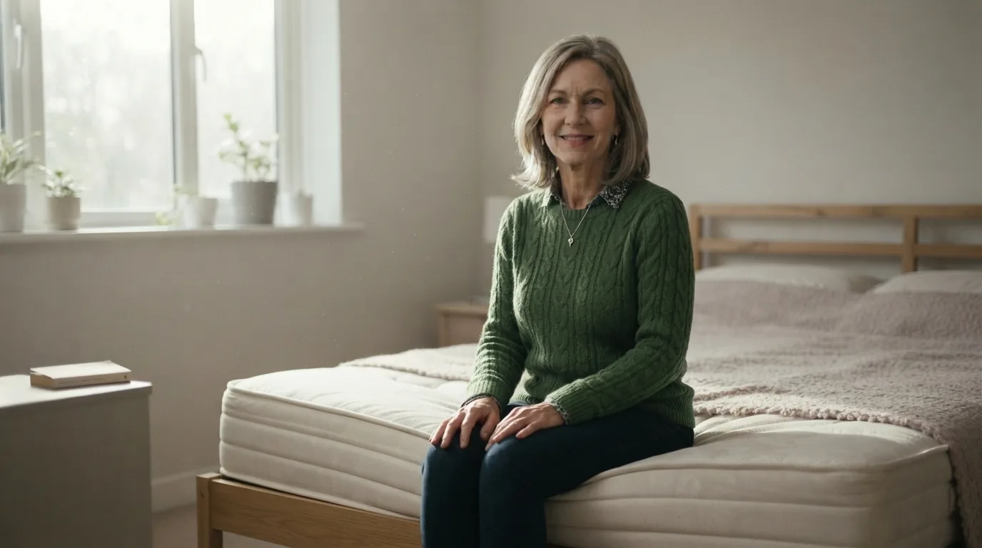 Sarah sits on the edge of a very stiff mattress in her bedroom