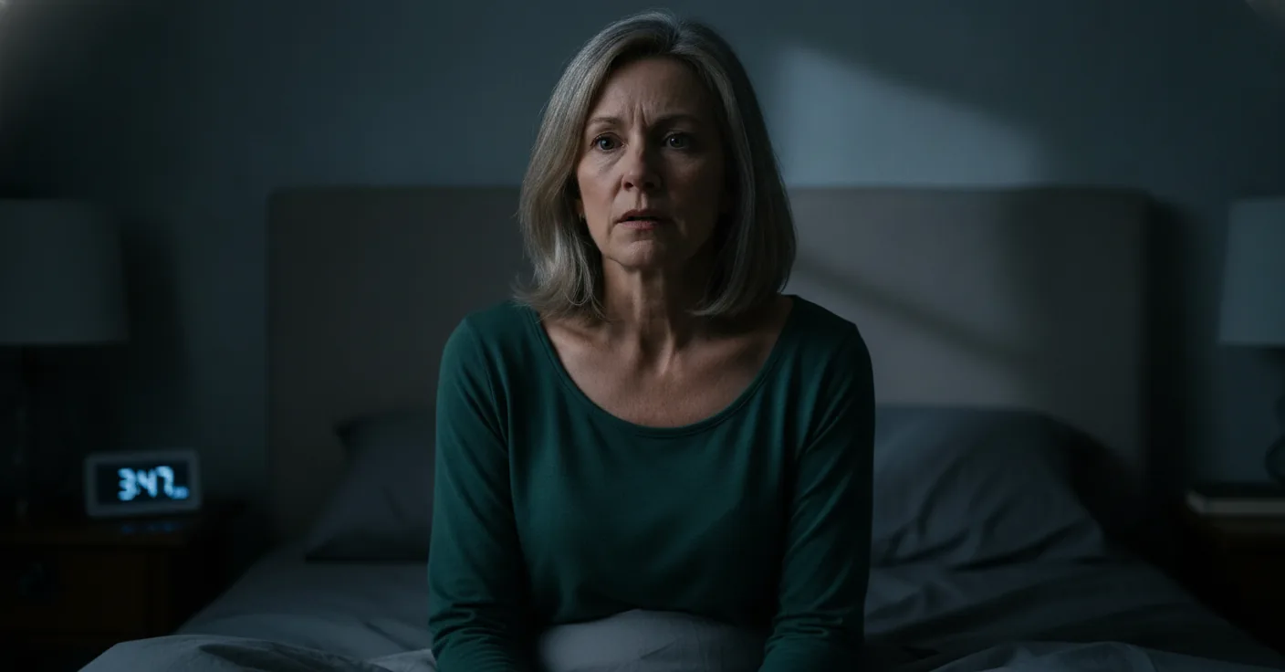 Sarah sits up abruptly in bed with a stressed expression