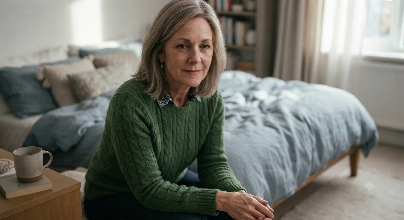 Sarah sits on the edge of her bed looking tired after a restless night