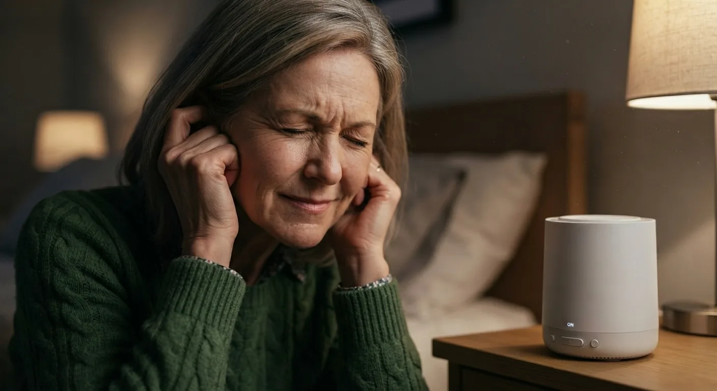 Sarah winces and covers her ears while using a white noise machine