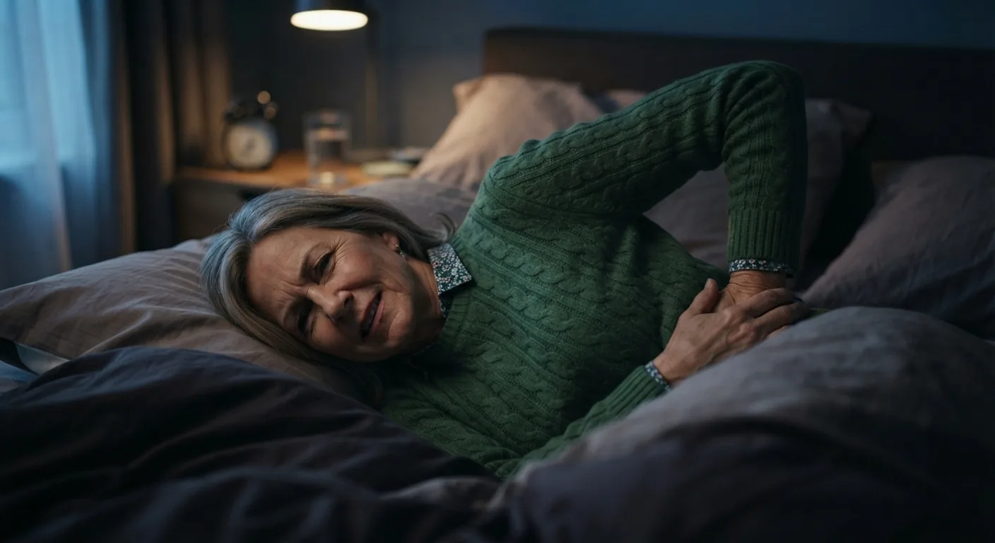 Sarah winces and clutches her lower back while lying in bed during the early morning
