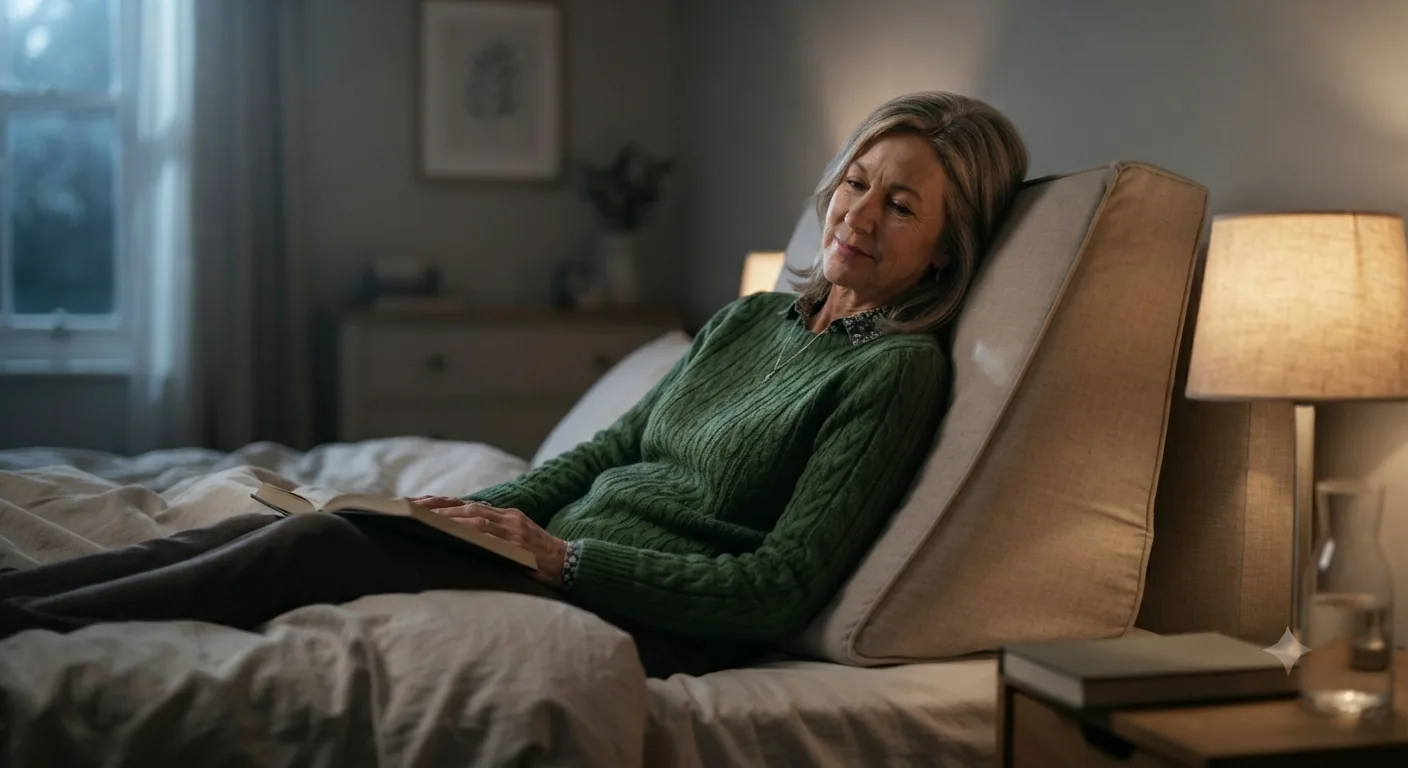 Sarah slides off a wedge pillow for snoring while trying to sleep
