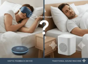 A haptic sleep device next to a traditional sound machine, compared side by side