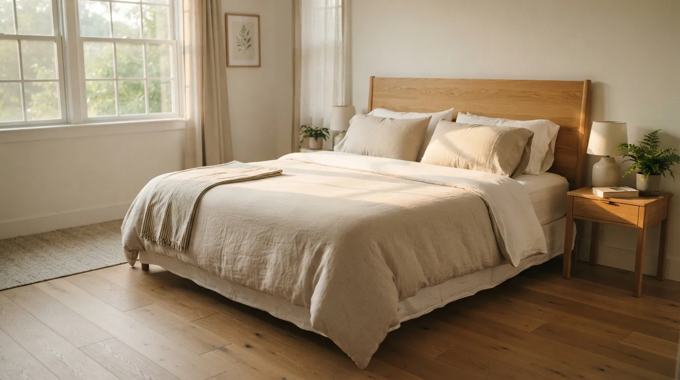 A neatly made bed in a bright bedroom in the morning