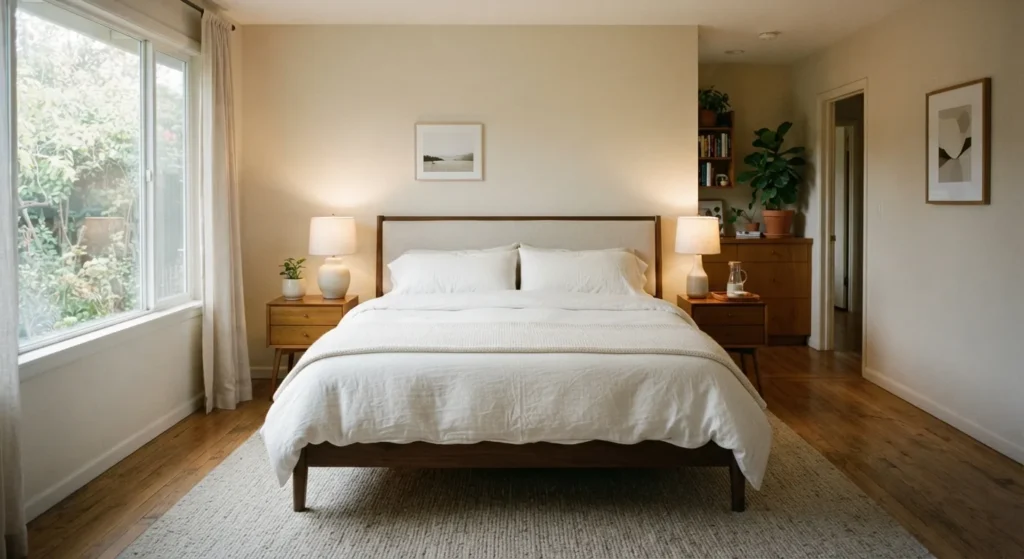A bed with a nightstand on each side and clear space to walk around it