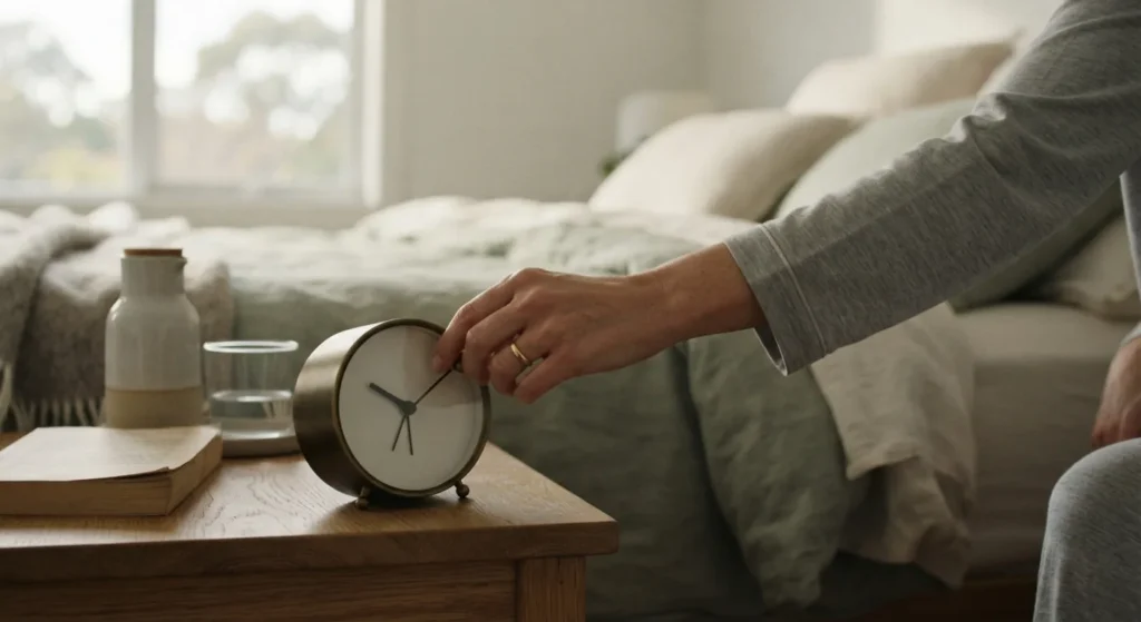 A hand setting an alarm clock on a bedside table to keep a regular sleep and nap schedule