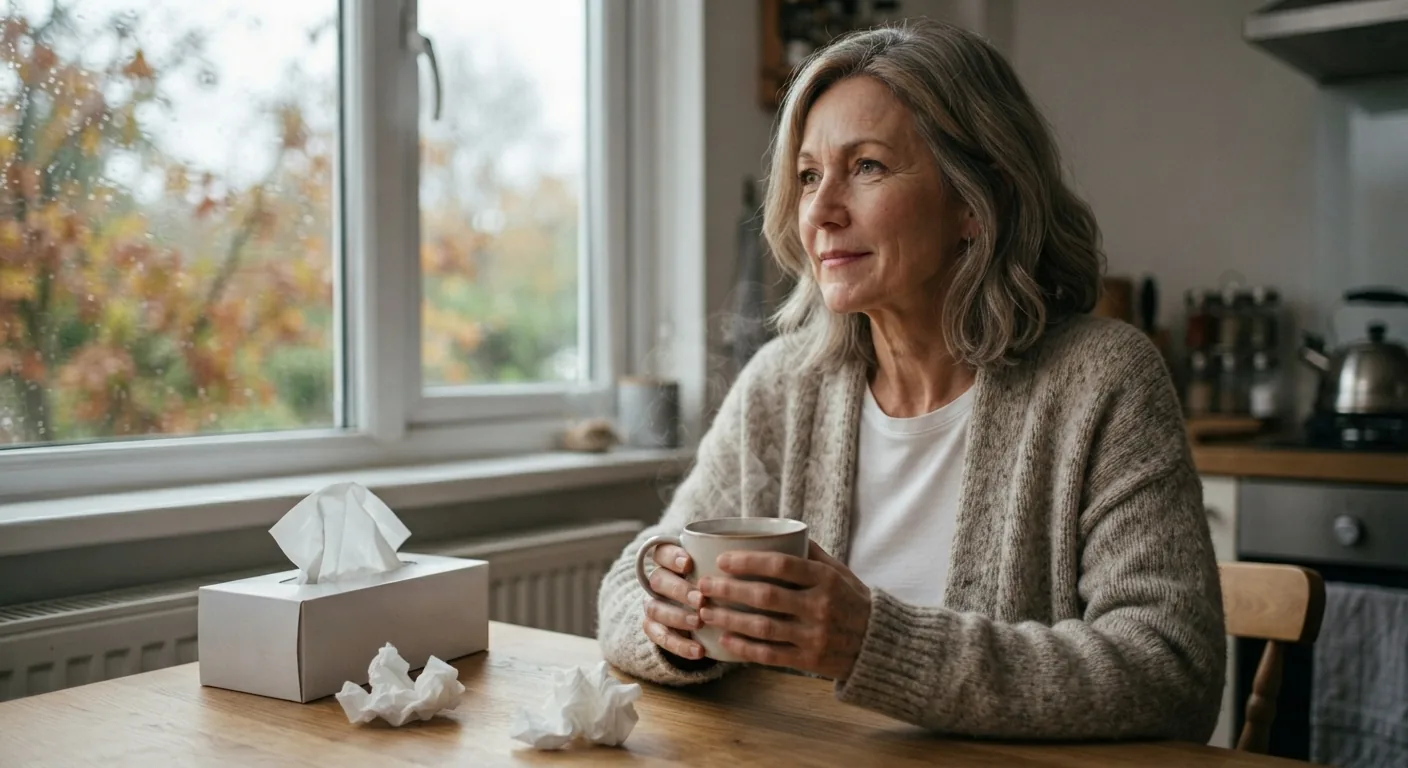 A woman with a mug of tea and a box of tissues sits at a kitchen table by an autumn window