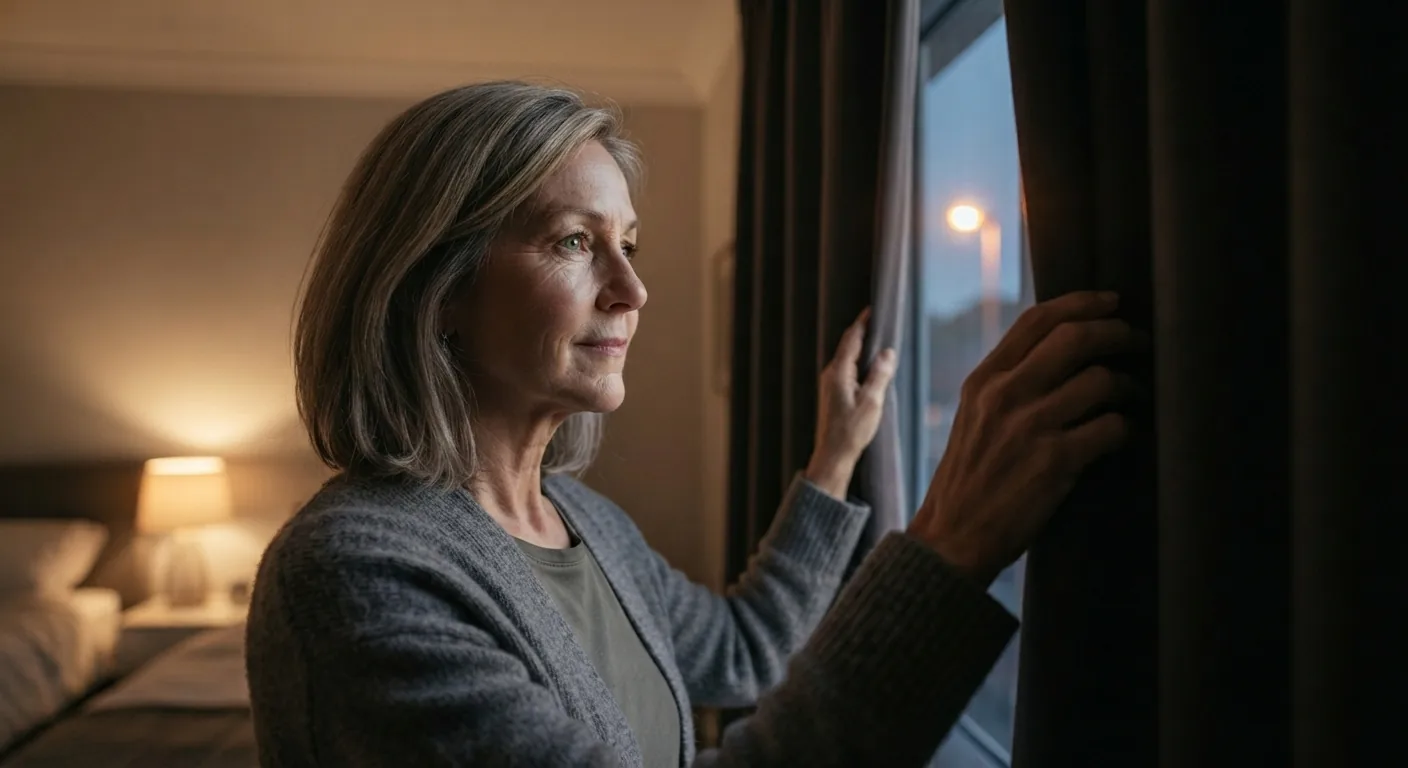 A woman draws a bedroom curtain as a streetlight glows outside