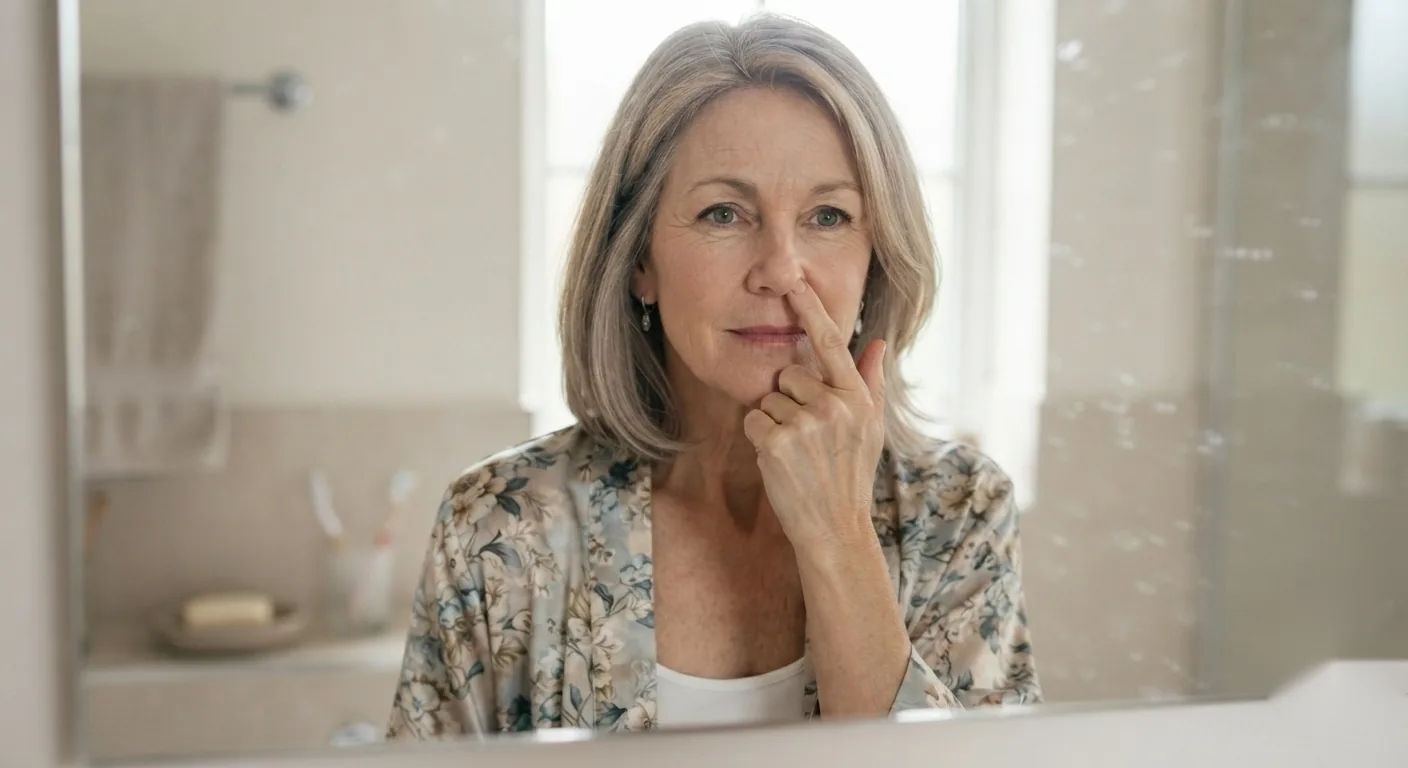 A woman presses one nostril closed to check her breathing in a bathroom mirror