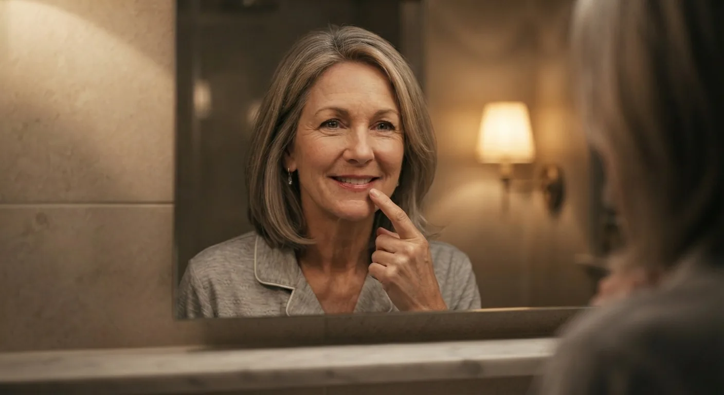 A woman checking her tongue in a bathroom mirror
