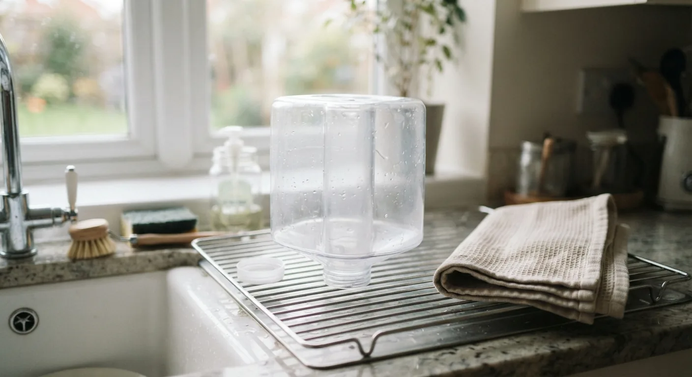 An empty humidifier water tank dries upside down on a dish rack beside a sink