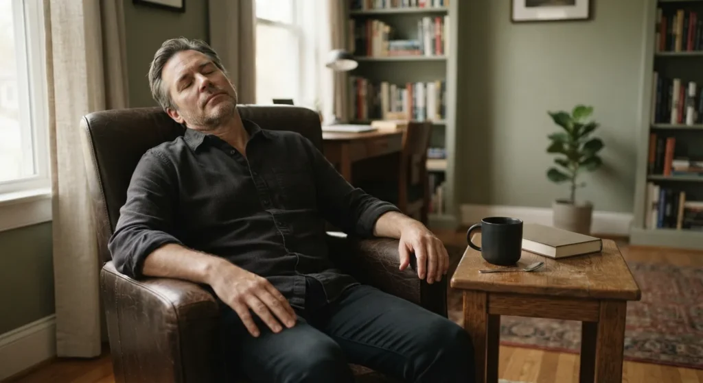 A cup of coffee beside a man leaning back in an armchair for a short coffee nap