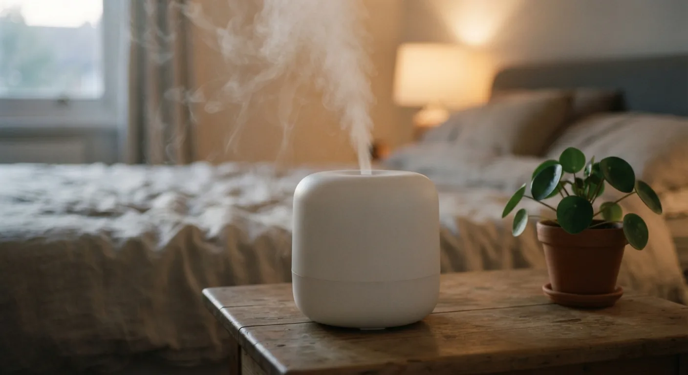 A plain white humidifier releases a plume of mist on a wooden bedside table