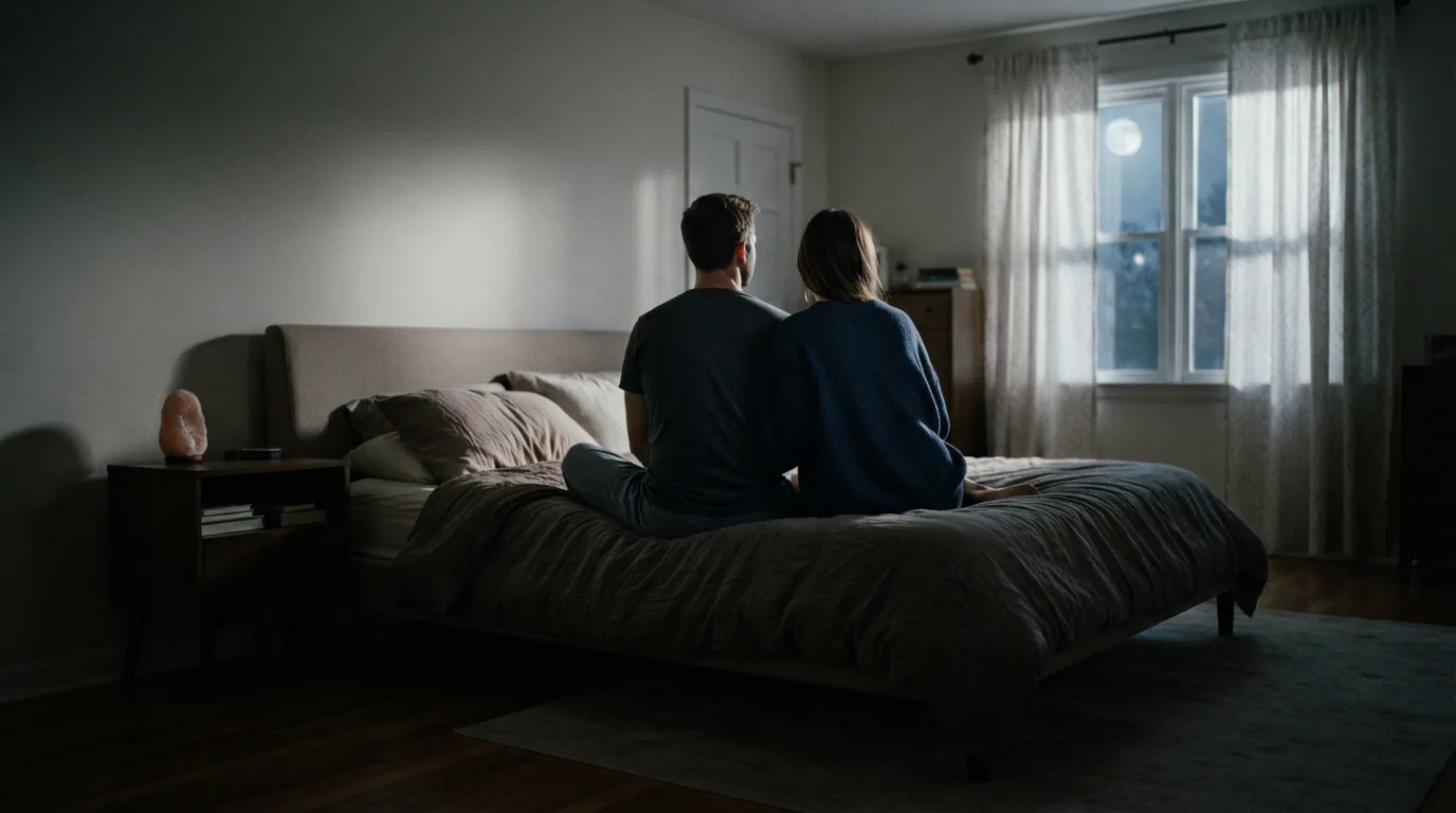 A couple sitting on the edge of their bed at night