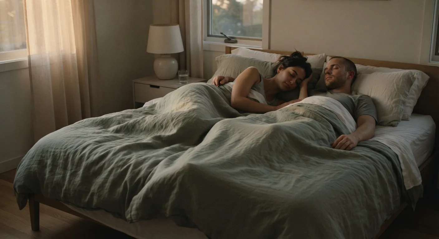 A couple sleeping peacefully on their sides in a tidy bedroom at dawn