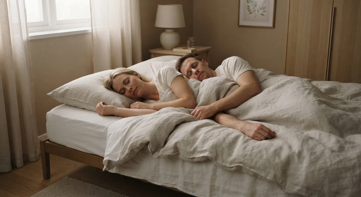 A couple sleeping peacefully side by side in a bedroom at dawn
