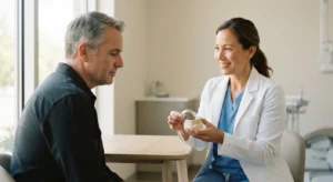 A dentist showing a patient a custom oral appliance on a model of teeth