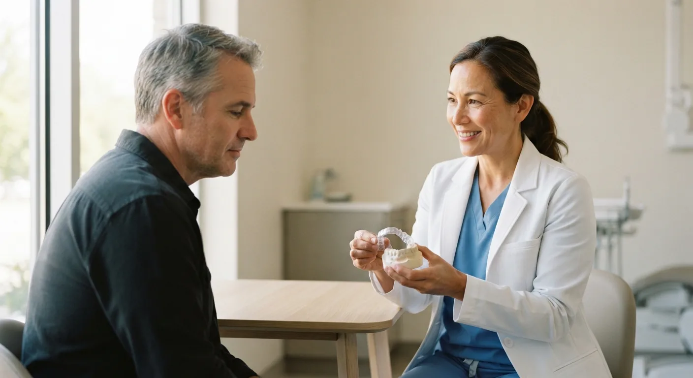 A dentist showing a patient a custom oral appliance on a model of teeth
