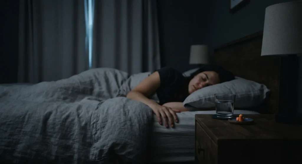 A dark bedroom with blackout curtains, and earplugs and water on the bedside table