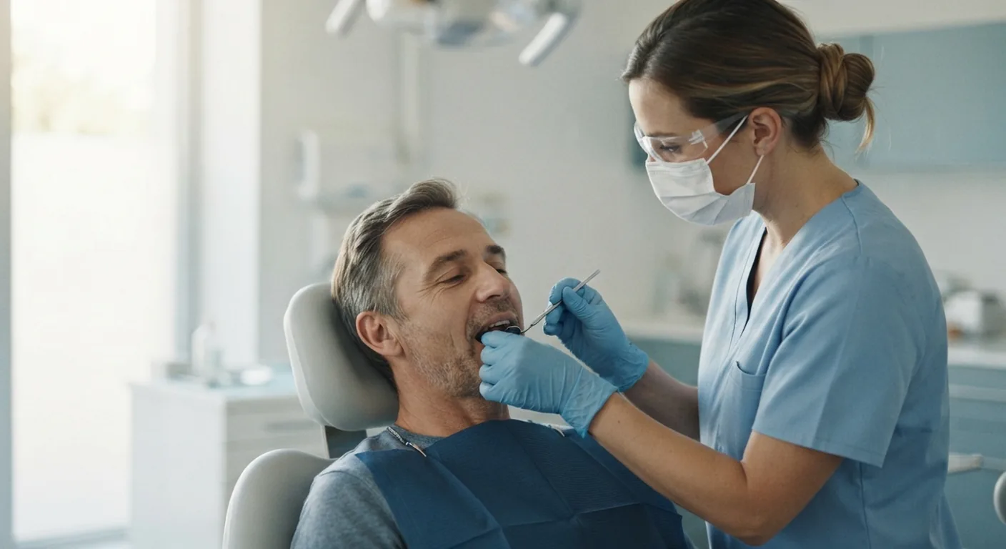 A dentist checks the bite of a man sitting in a dental chair