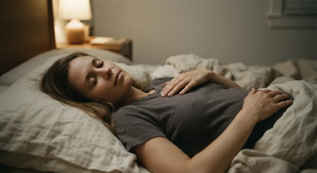 A woman in bed with one hand on her chest and one on her belly, practising belly breathing