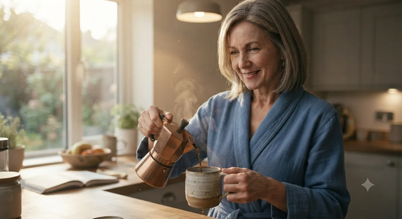 Sarah pours coffee in her kitchen to talk about snoring