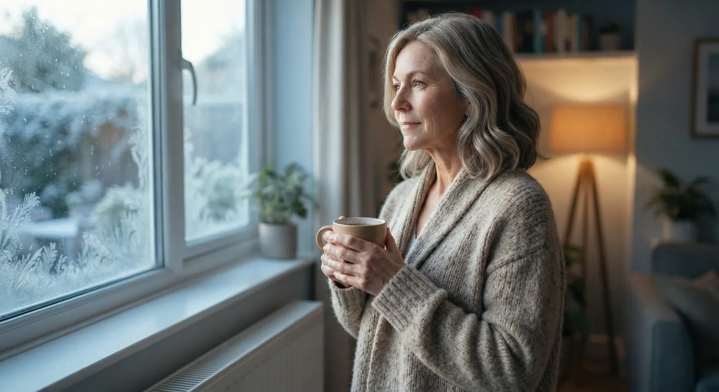 A woman holds a mug of tea by a frosty window above a radiator on a winter morning